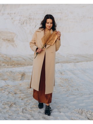 Довге жіноче пальто прямого крою з поясом 2 ґудзика, пісок