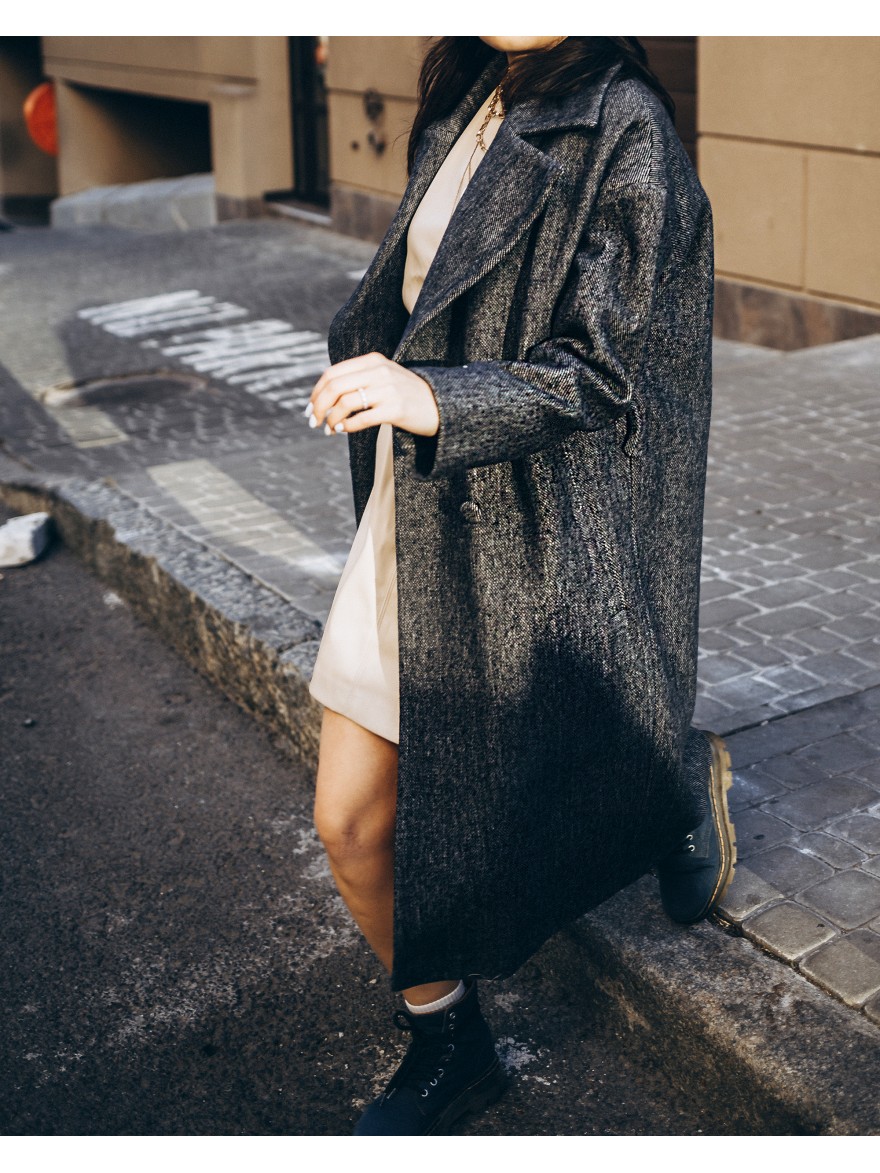 Довге жіноче пальто з поясом 4 ґудзика, денім
