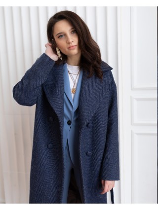 Довге жіноче пальто з поясом 4 ґудзика, синя ялинка