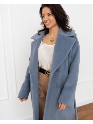 Довге жіноче пальто з поясом 4 ґудзика, блакитна вовна