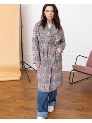 Женское прямое пальто с накладными карманами, серая клетка 1021-3