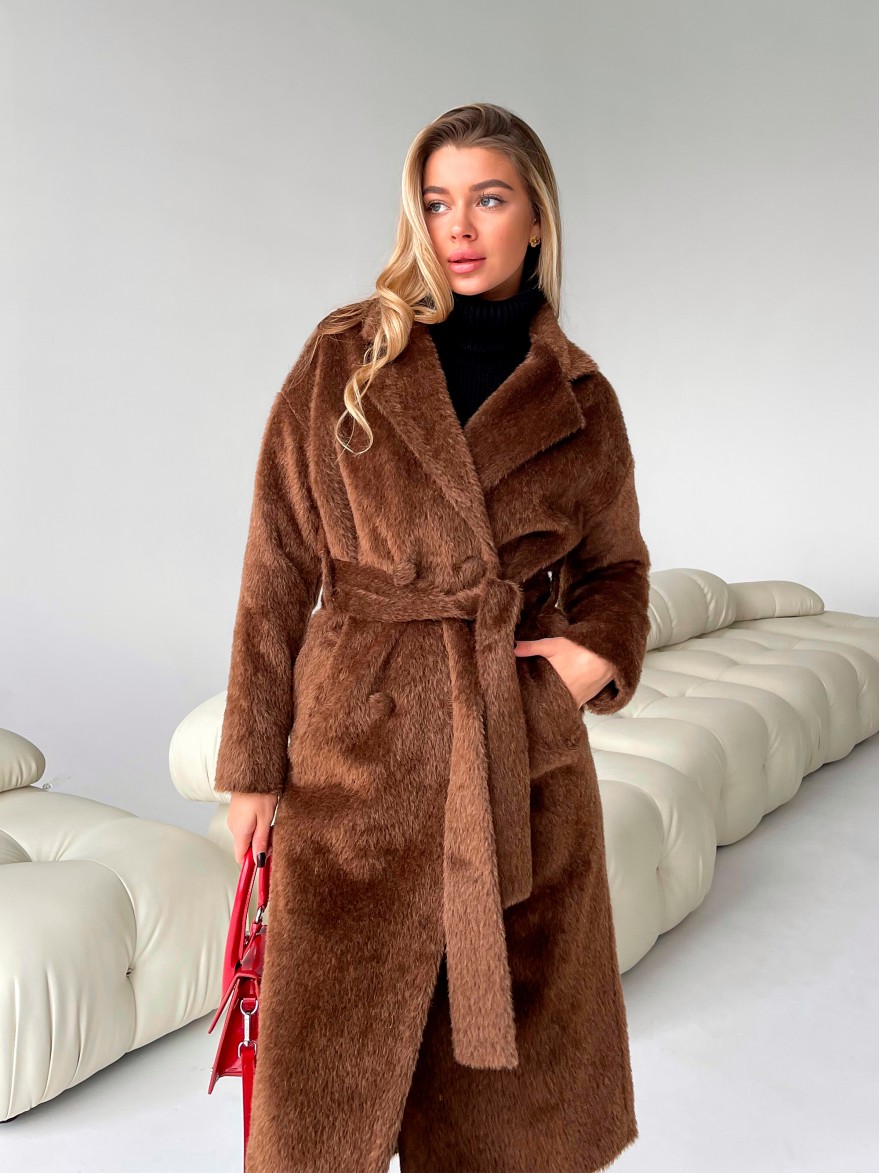 Довге жіноче шерстяное пальто, коричневе ворсове